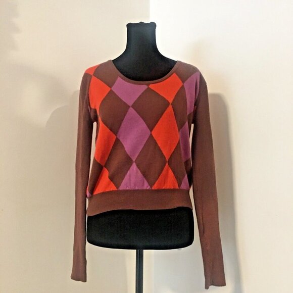 TWINKLE BY WENLAN Brown/Purple/Red Cropped Argyle Wool French Bulldog Sweater SM - Picture 3 of 8